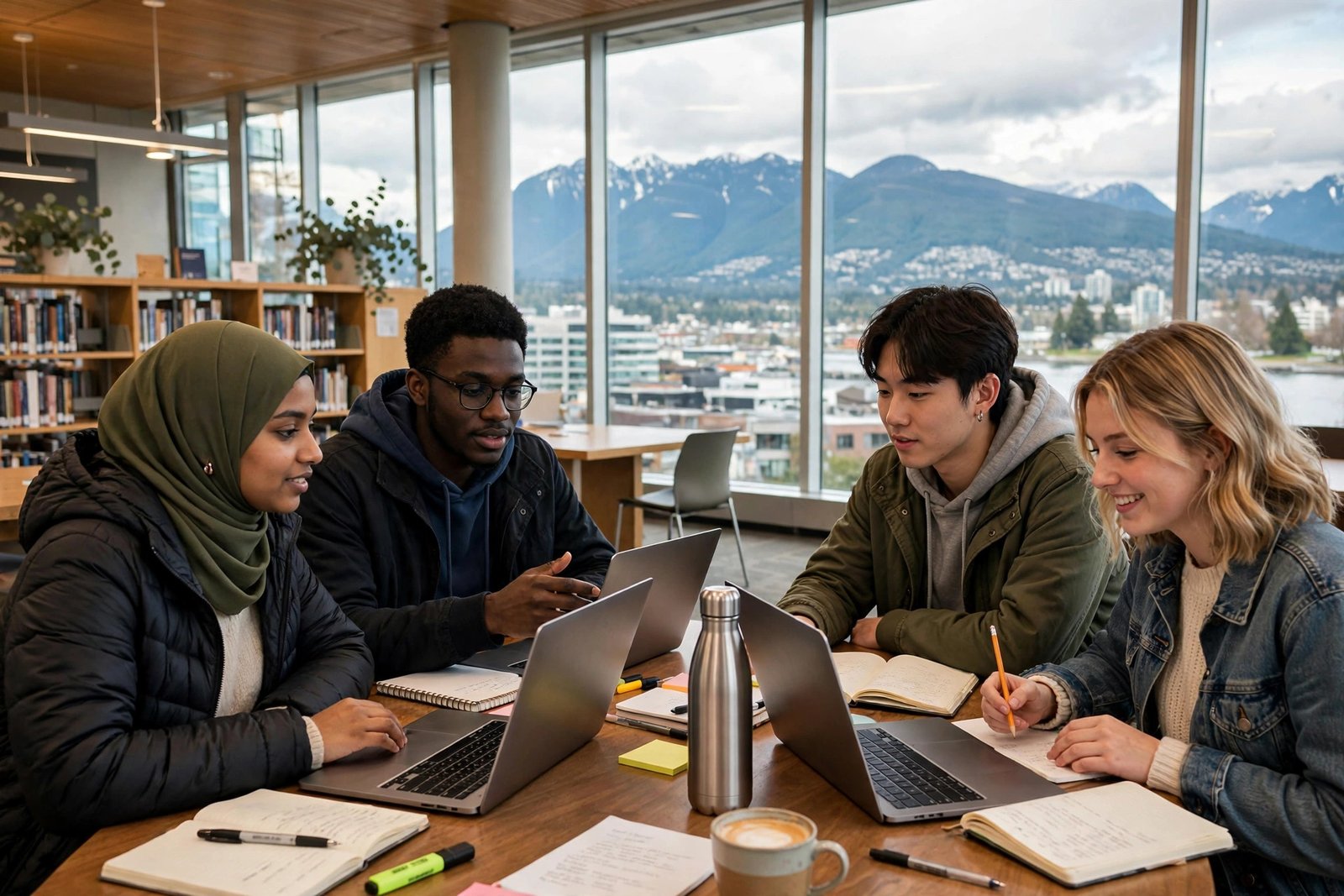 Students collaborating in a bright library overlooking Vancouver, studying with Simon Fraser University scholarships