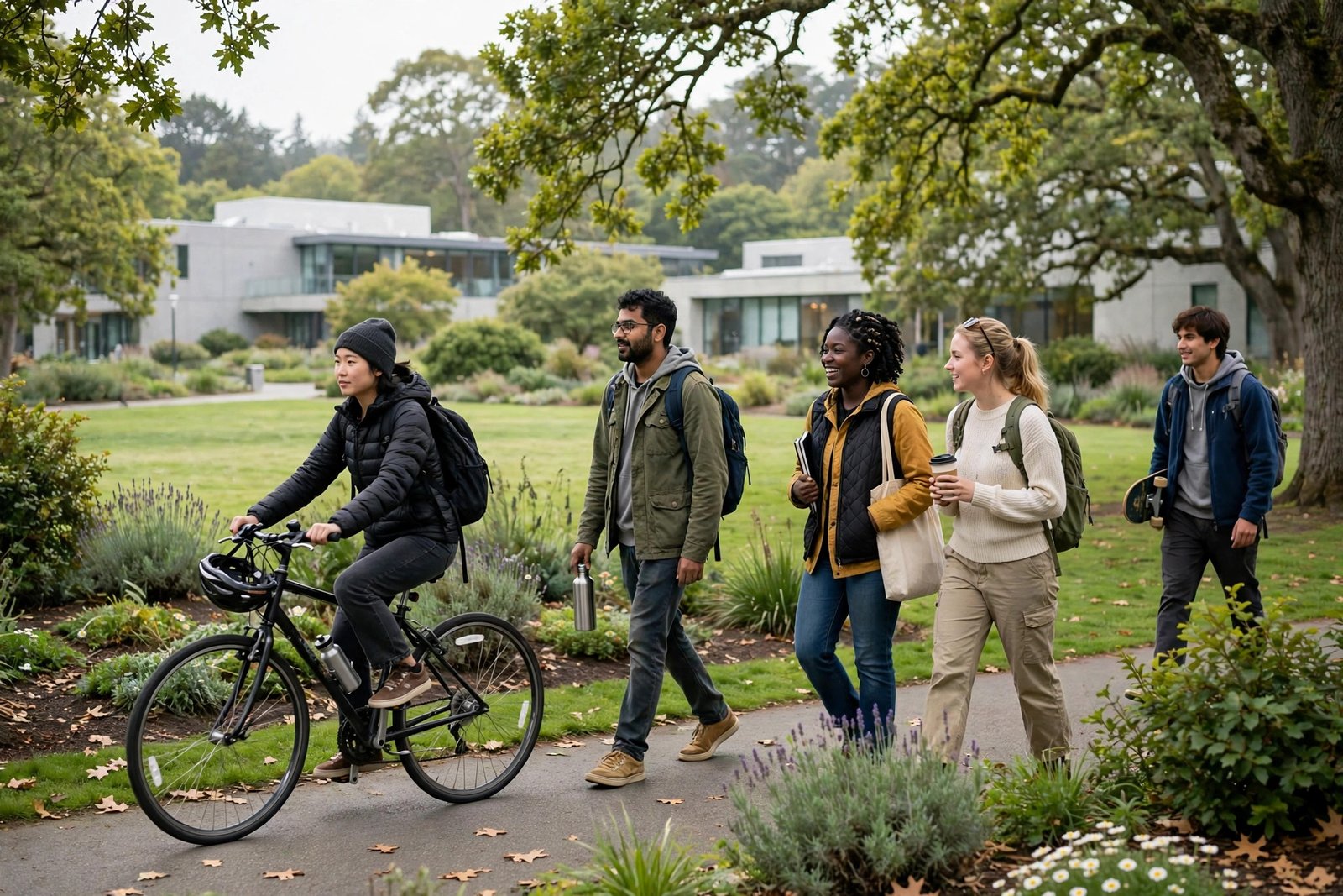 International students on a green park-like campus in Victoria BC, home of University of Victoria entrance scholarships