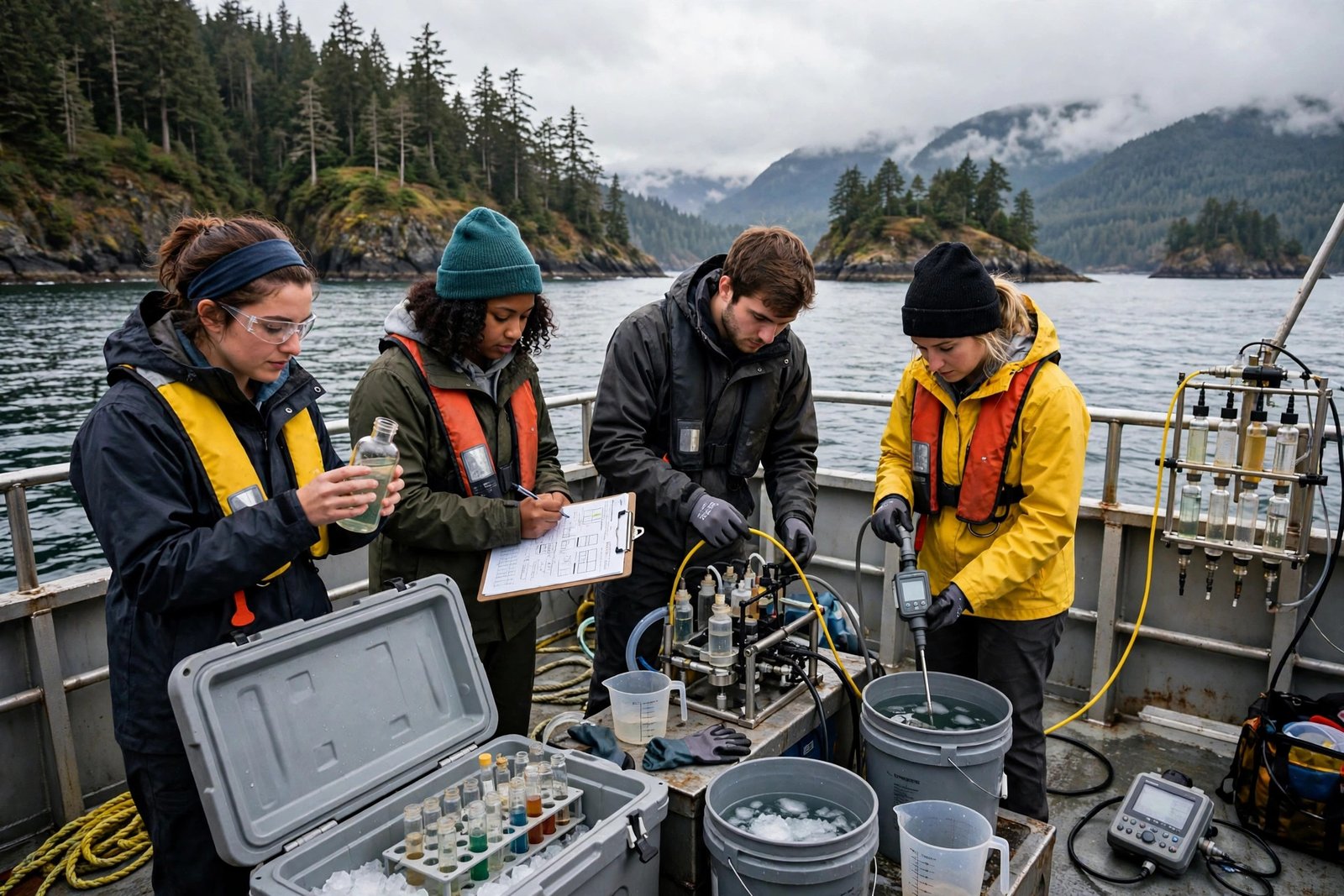 Graduate students conducting ocean research near Victoria BC, supported by University of Victoria fellowships