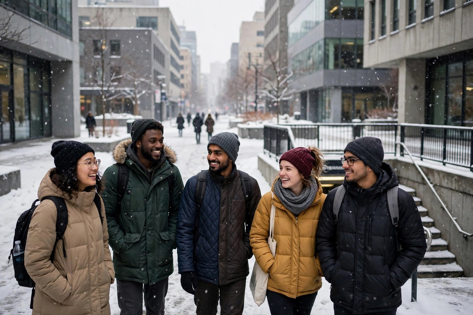 International students in downtown Montreal in winter, reflecting Concordia University entrance scholarships