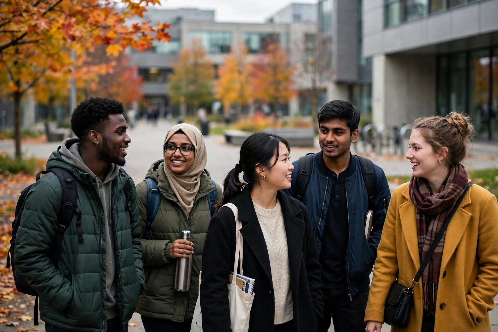 International students walking on a modern university campus in Toronto, Canada
