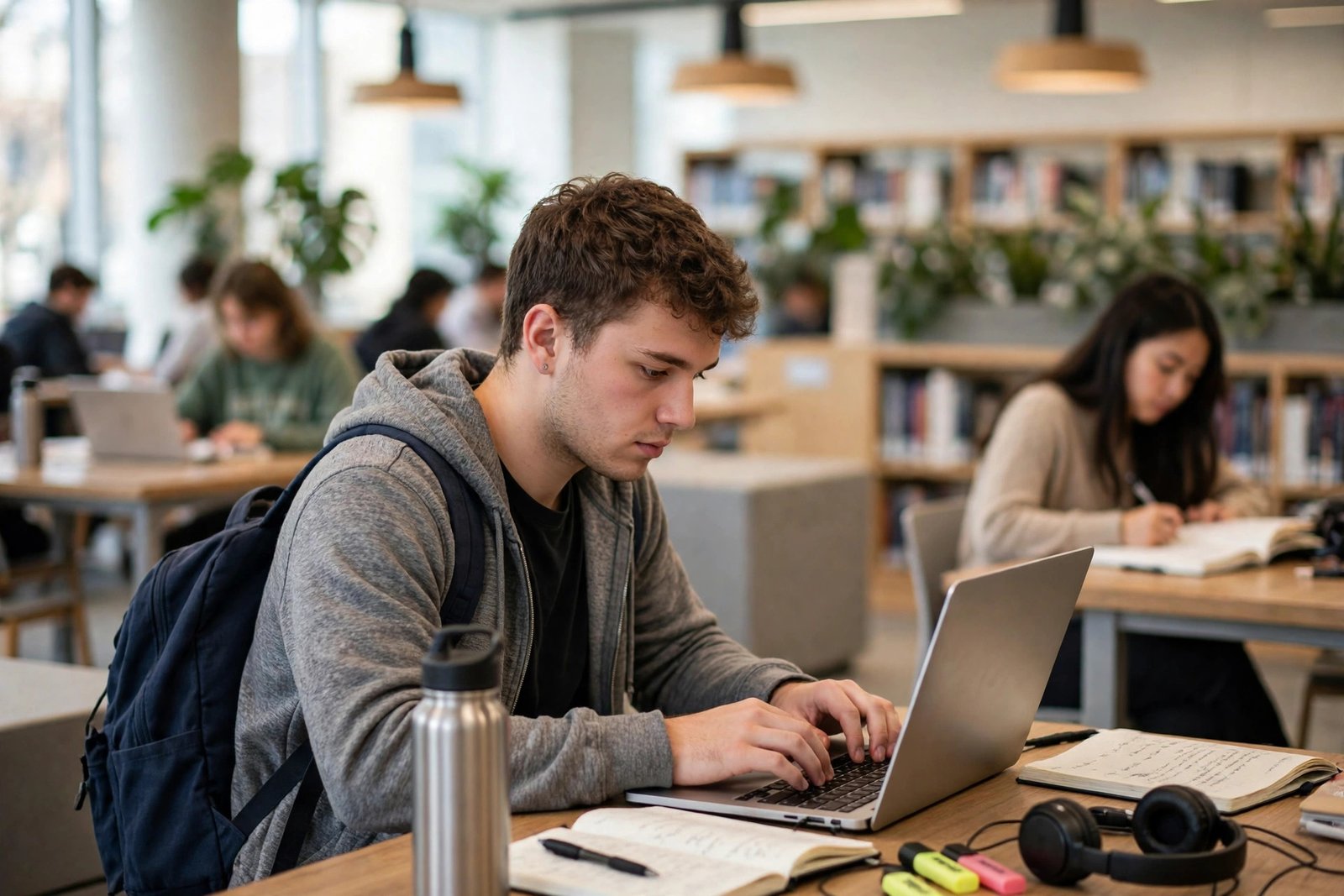 Student studying with a laptop in a bright university library in Toronto
