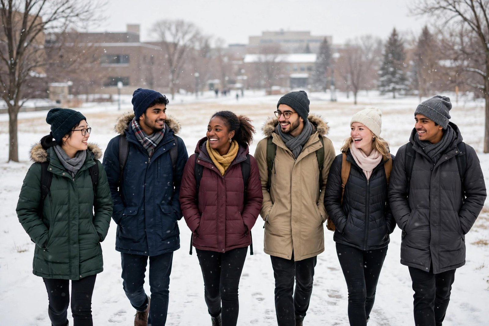 International students in winter coats walking on a snowy university campus in Winnipeg