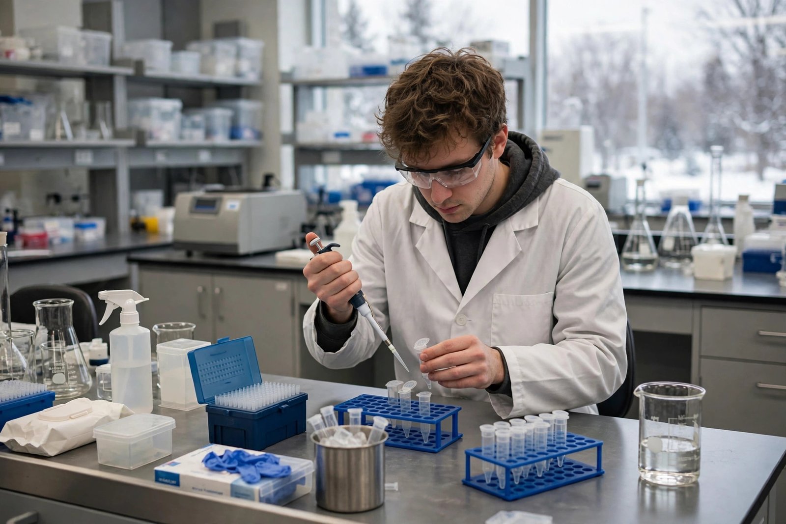Graduate researcher working in a university science laboratory in Winnipeg