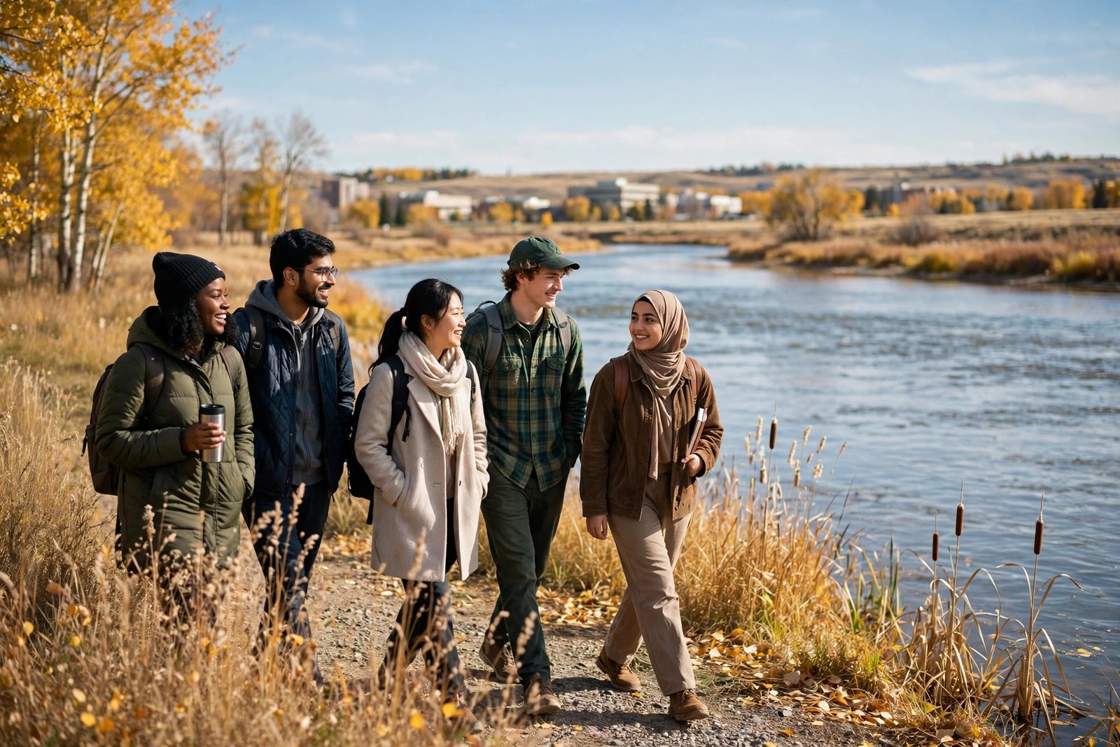 International students walking beside a wide prairie river in Saskatoon, Canada