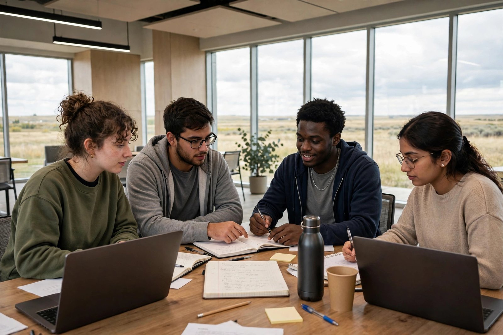 Students collaborating in a modern campus study space in Saskatoon