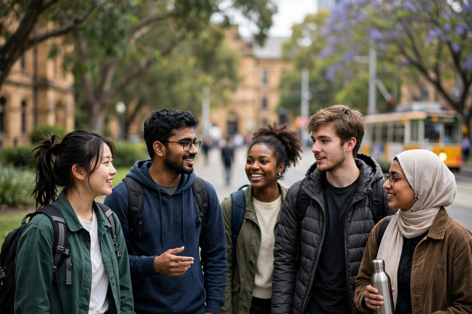 International students walking on a leafy university campus in Melbourne, Australia