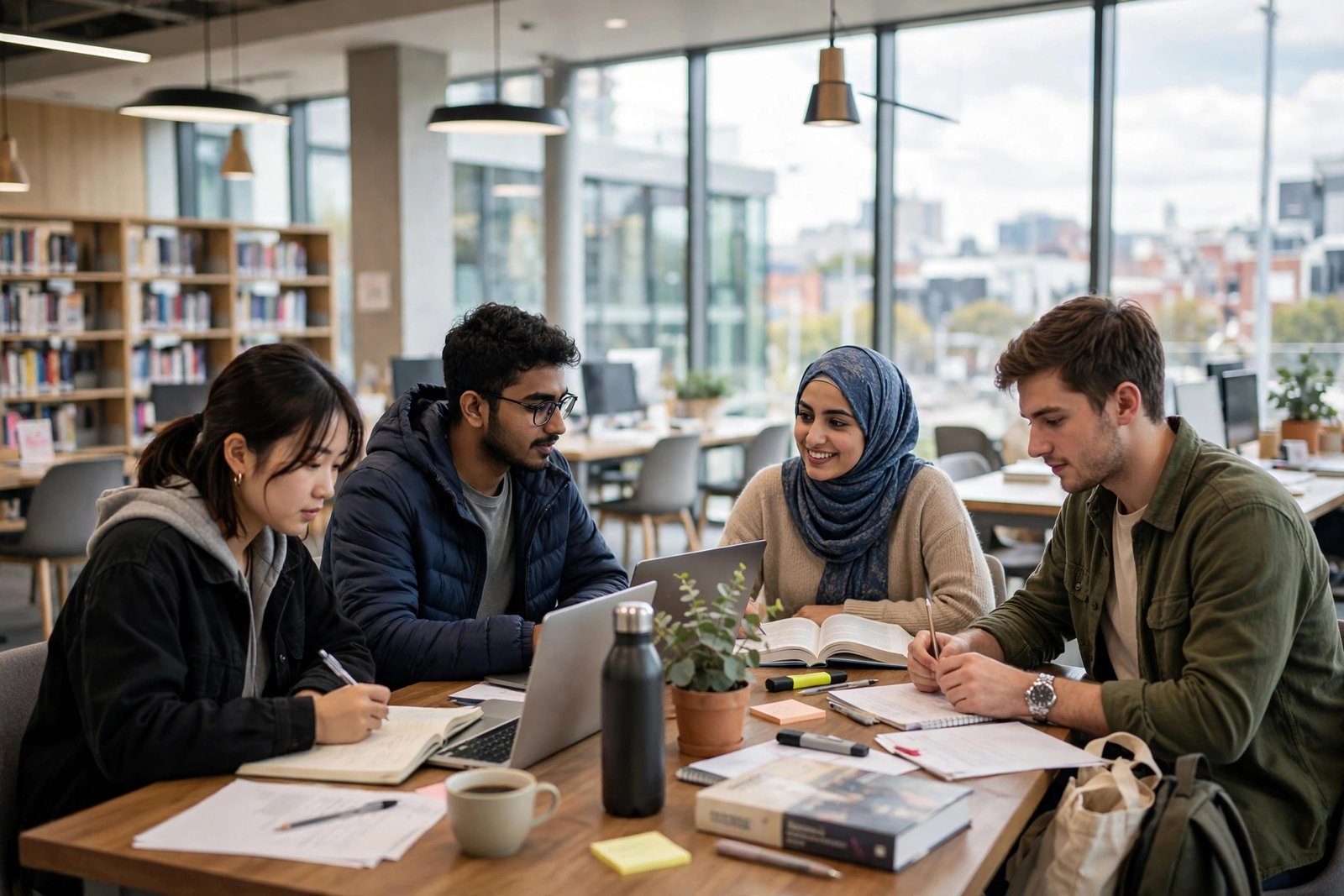 International students studying together in a modern university library in Melbourne