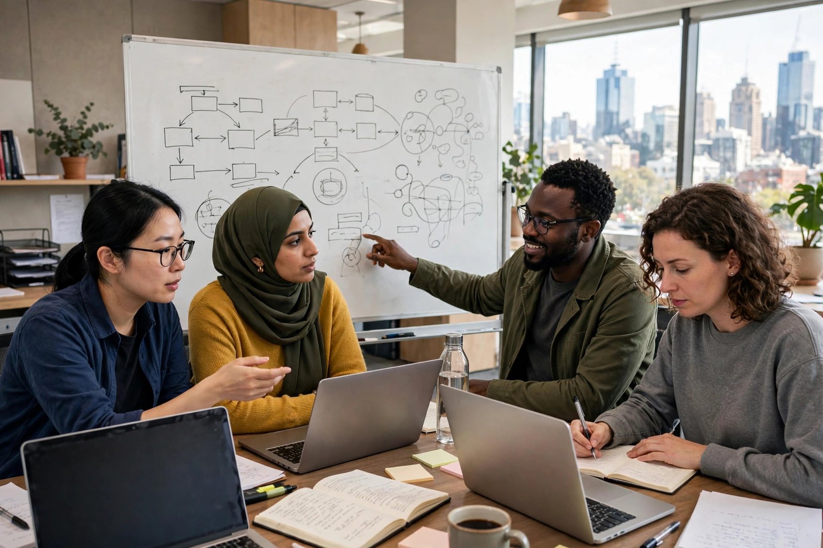 PhD researchers collaborating in a bright research office at a Melbourne university