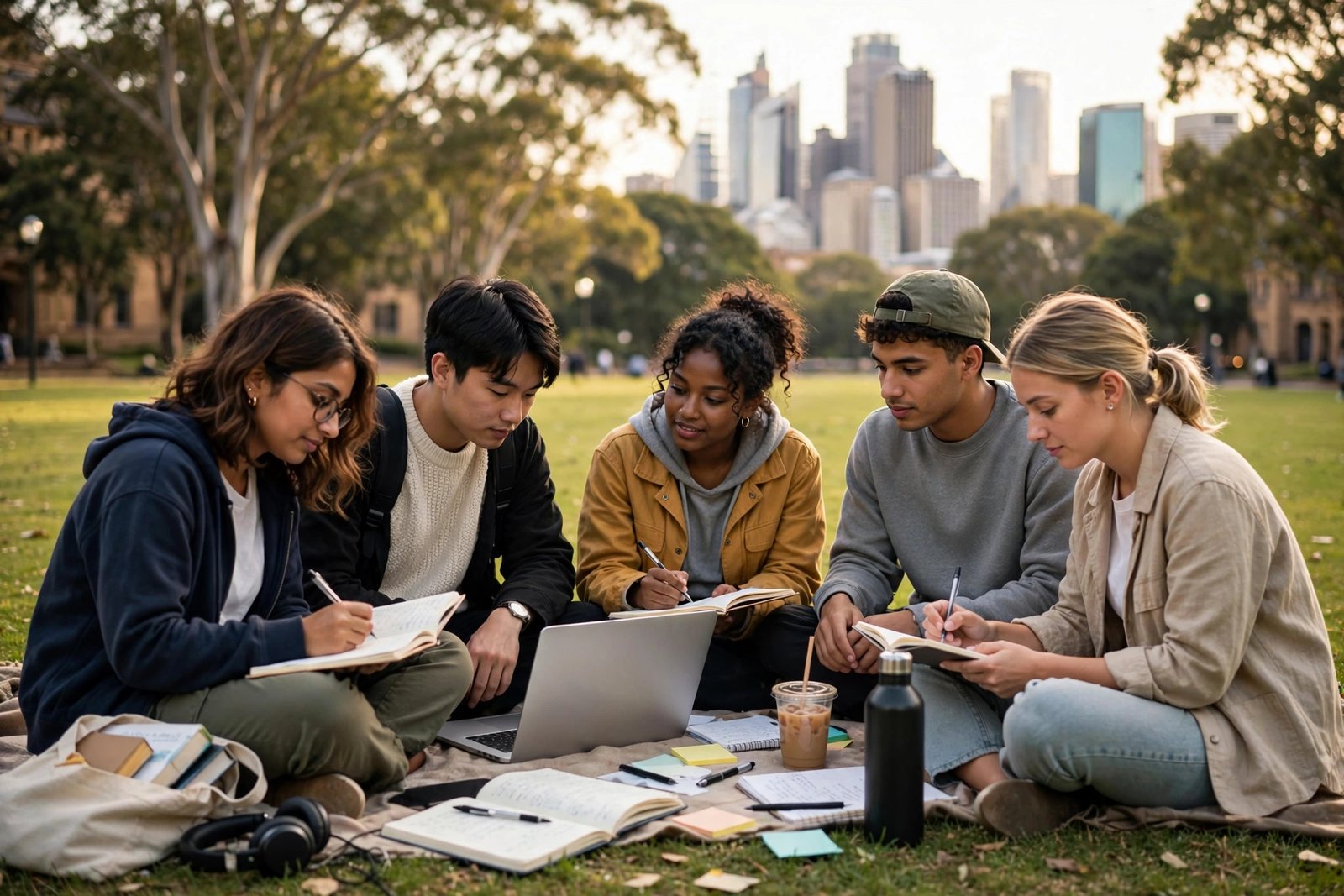 International students studying outdoors on a lawn at a Sydney university campus