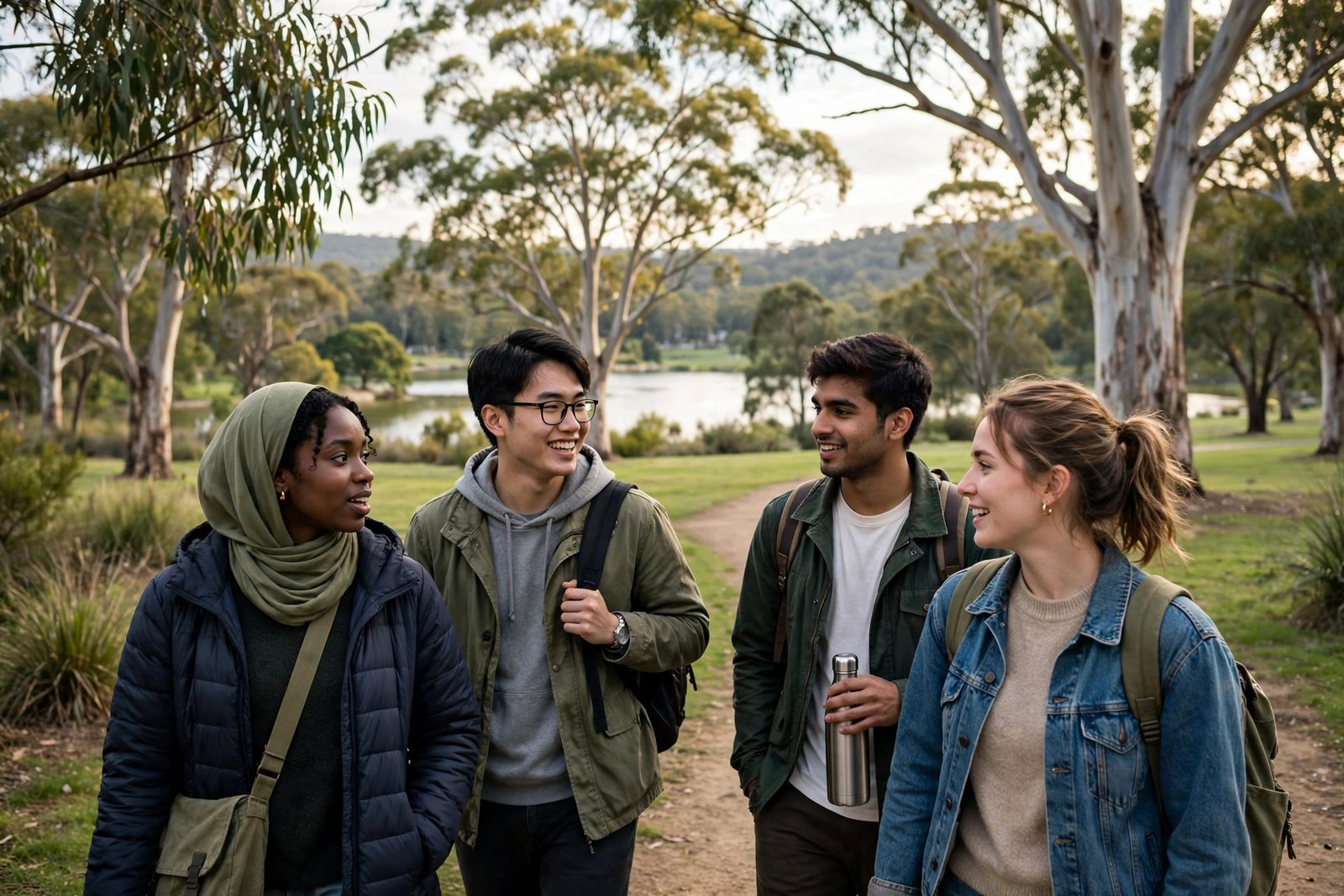 International students walking across a green parkland university campus in Canberra, Australia