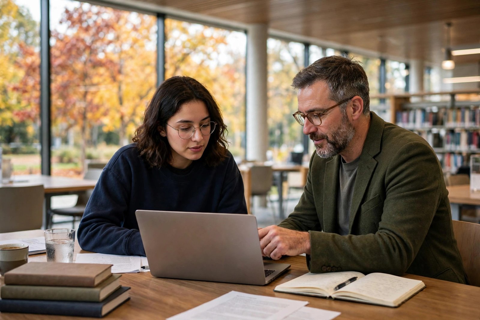 Postgraduate research student discussing a project with a supervisor in a university library in Canberra