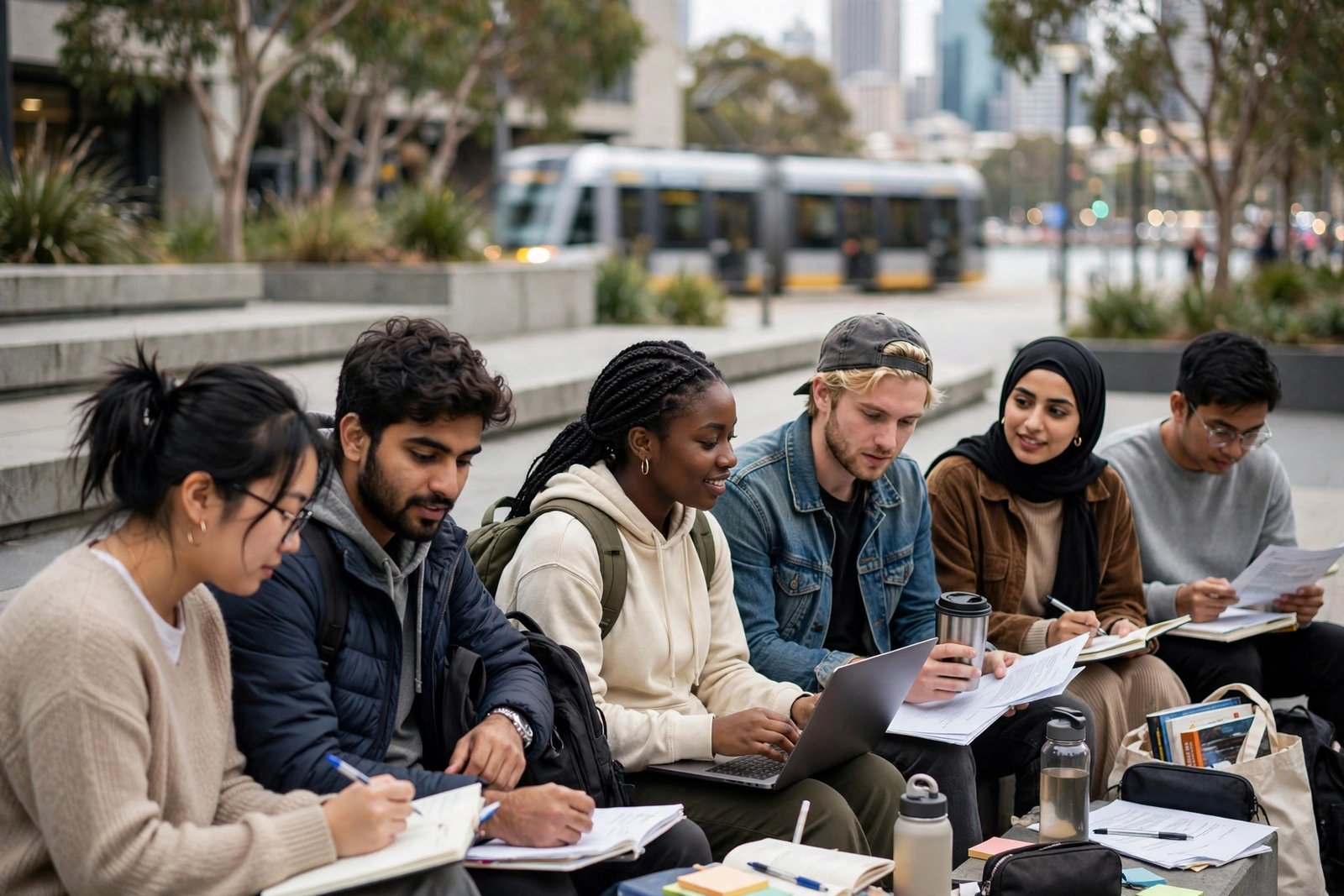 International students studying together on the steps of a modern university campus in Sydney