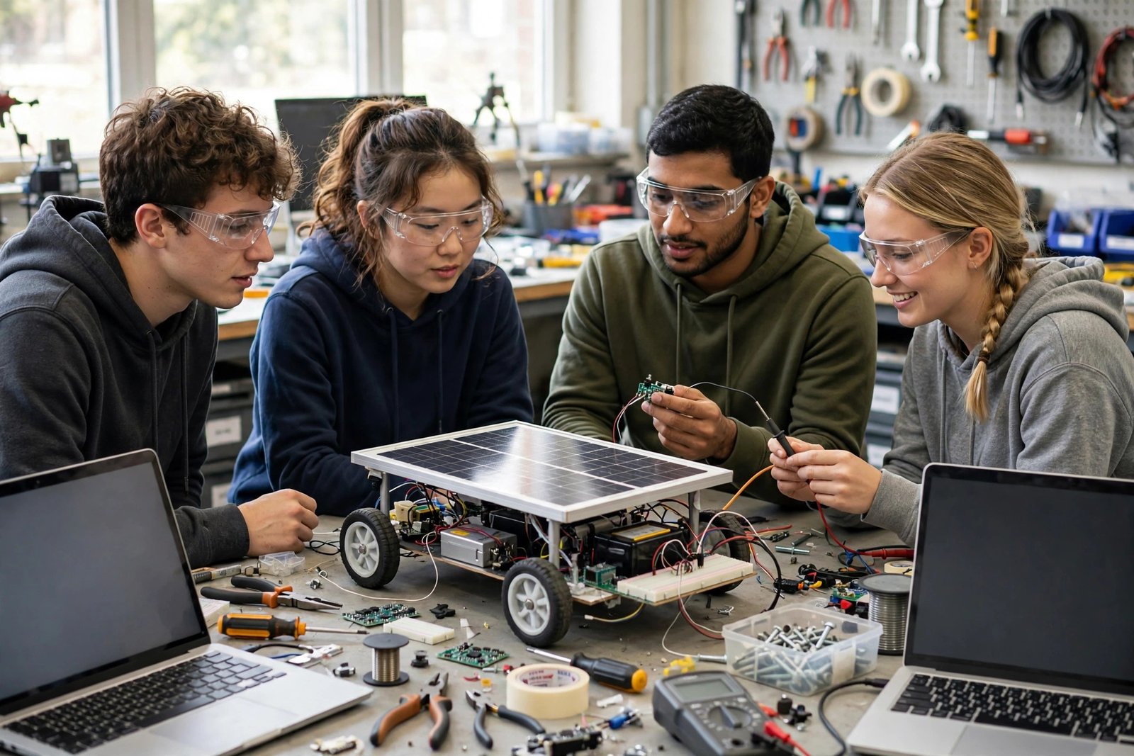 Engineering students collaborating on a project in a university workshop in Sydney, Australia