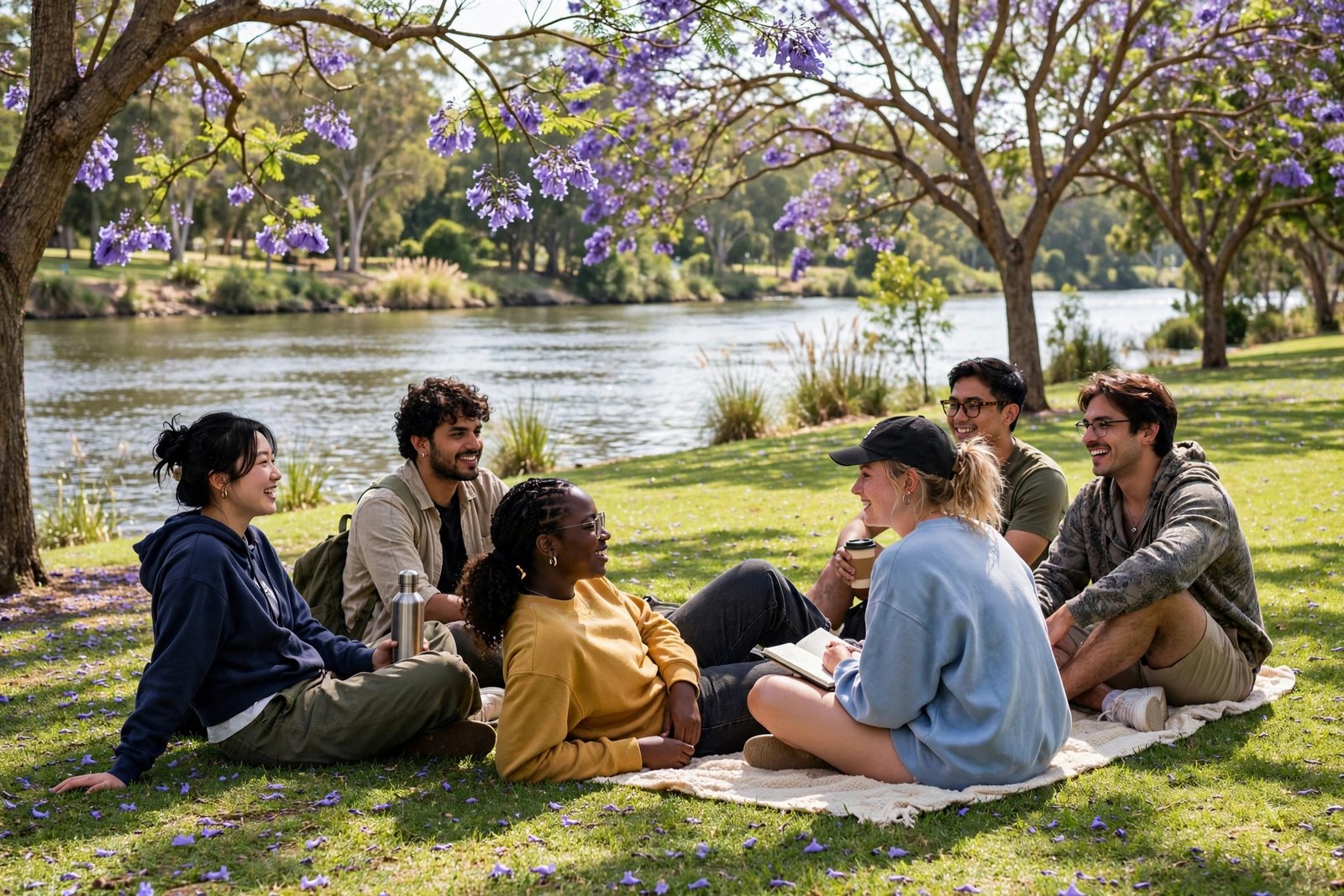 International students relaxing on a green lawn beside the river at a university in Brisbane, Australia