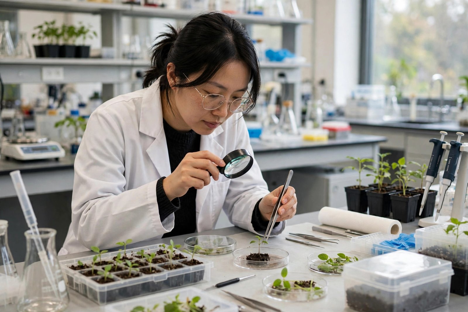 PhD researcher examining plant samples in a university research laboratory in Brisbane