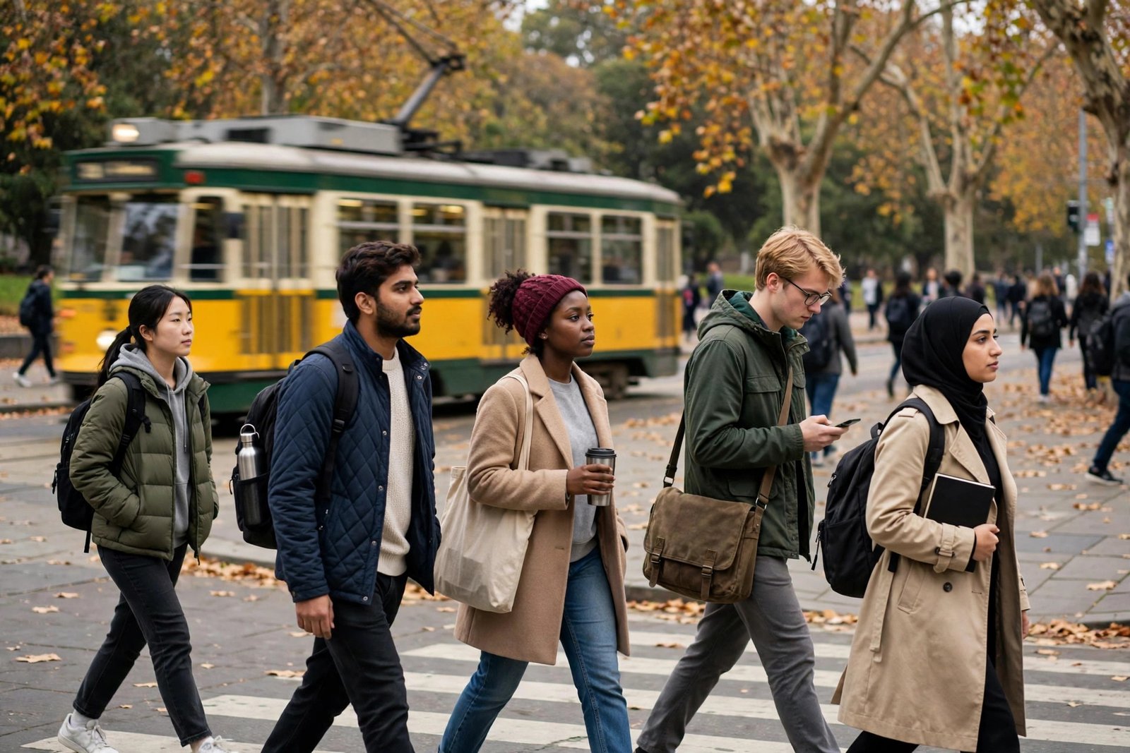 International students crossing a busy university campus plaza in Melbourne, Australia