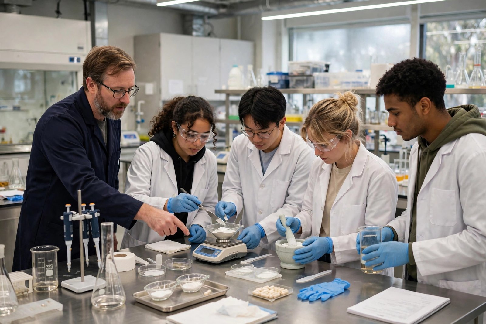 Pharmacy students working in a modern university teaching laboratory in Melbourne
