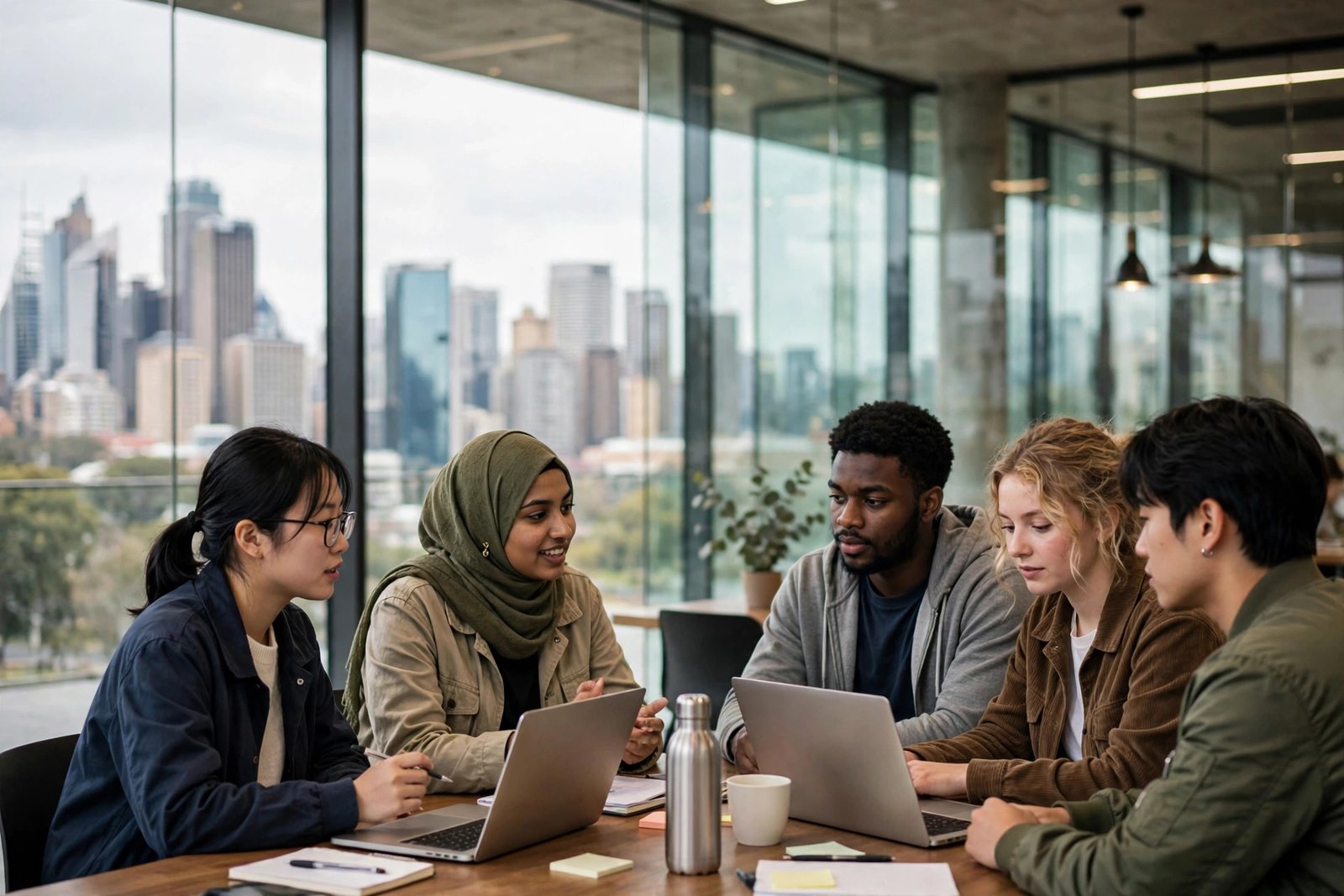 International students collaborating at a modern city campus in Sydney