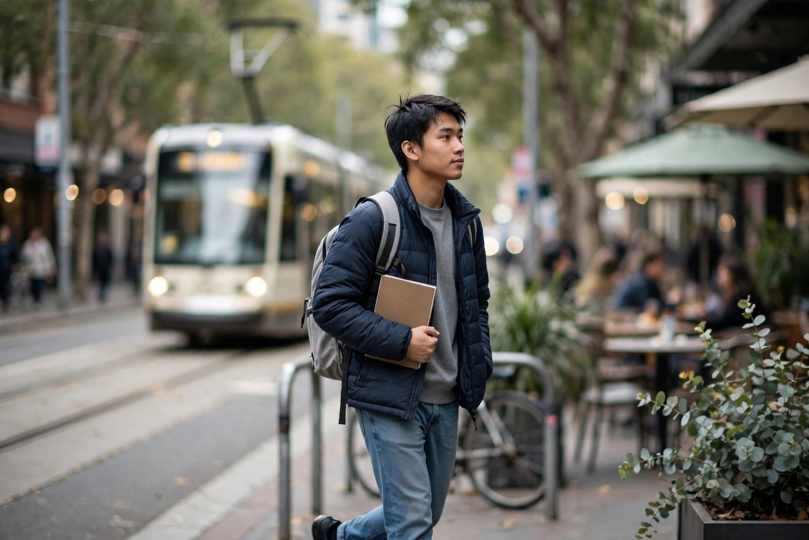 Student walking through an inner-city university precinct in Sydney