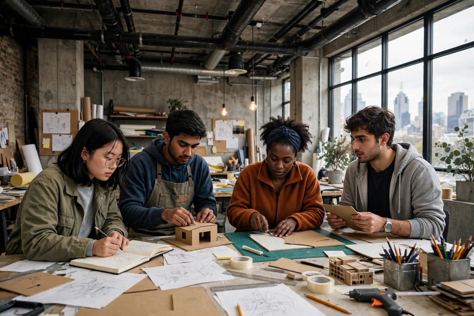 International students in a creative design studio at a city university in Melbourne