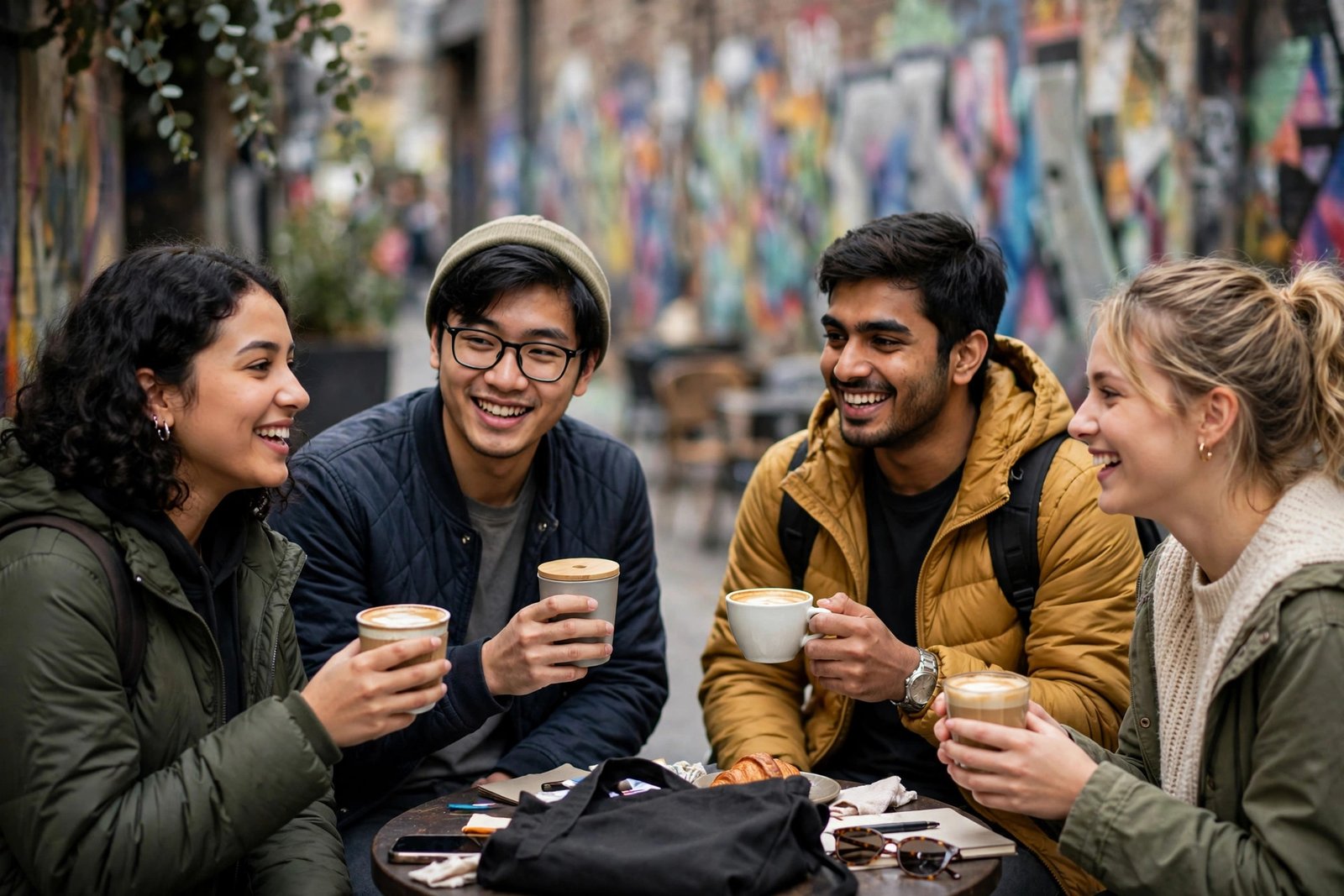 International students relaxing in a Melbourne laneway near campus