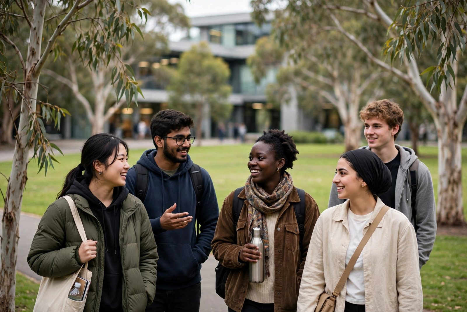 International students walking on the green parkland campus of a Sydney university while researching Macquarie University scholarships