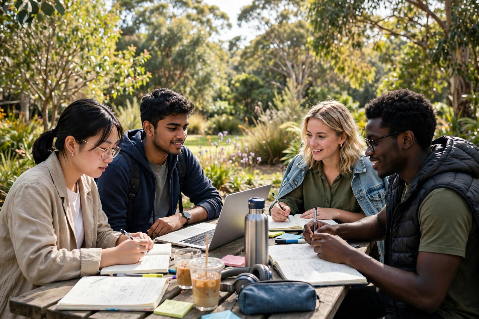 International students studying together outdoors in Sydney while preparing a Macquarie University scholarship application