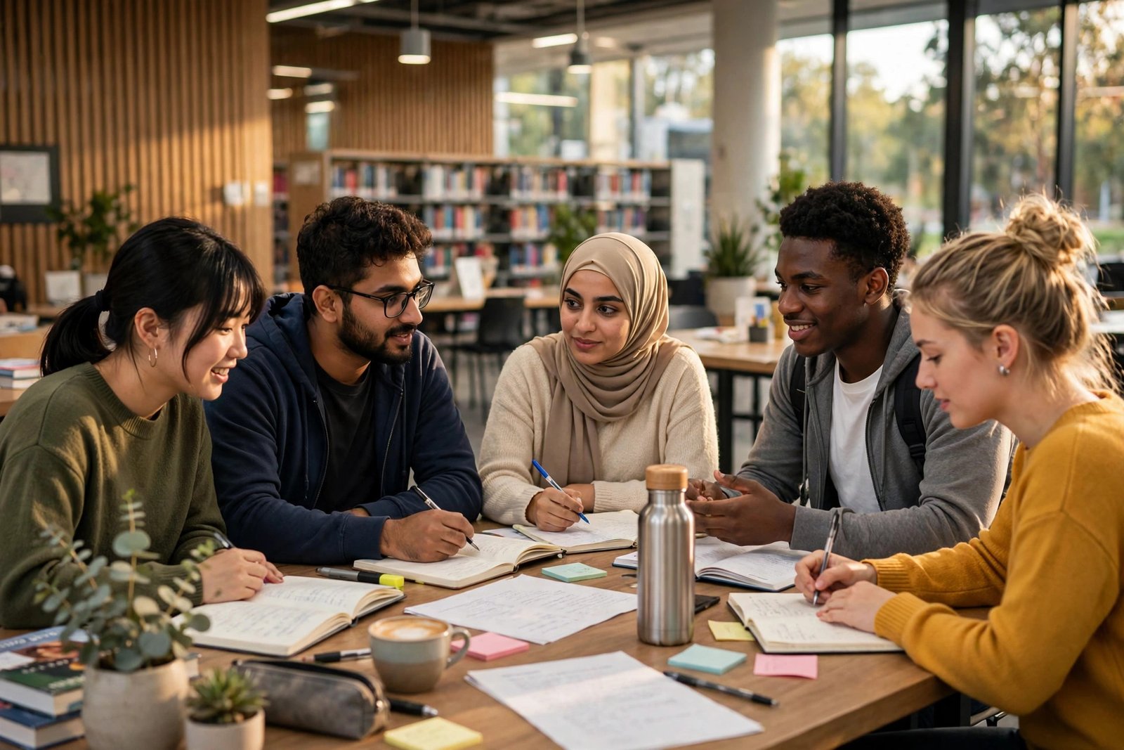 International students collaborating in a modern Perth university library after receiving a Curtin Global scholarship
