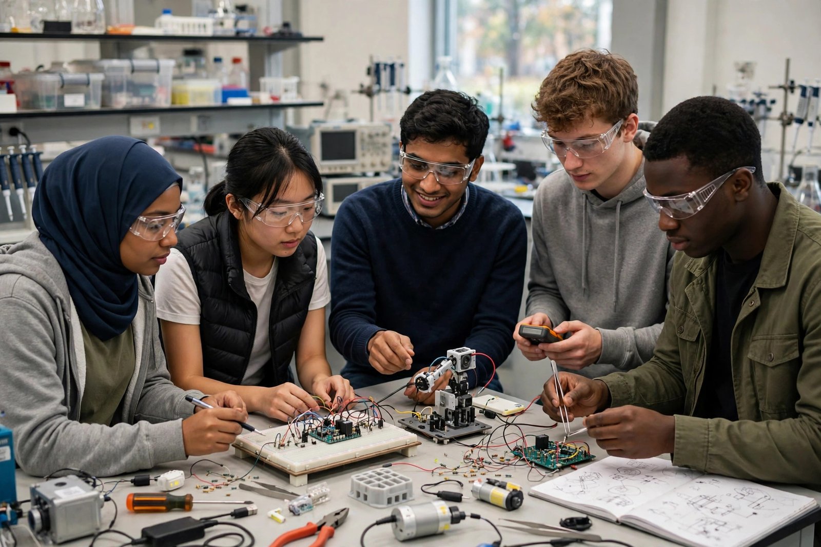 International students working on an engineering project in Geelong while holding a Deakin University scholarship