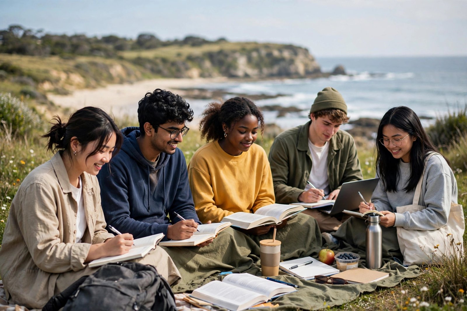 International students studying near the Wollongong coast after receiving a UOW Excellence scholarship