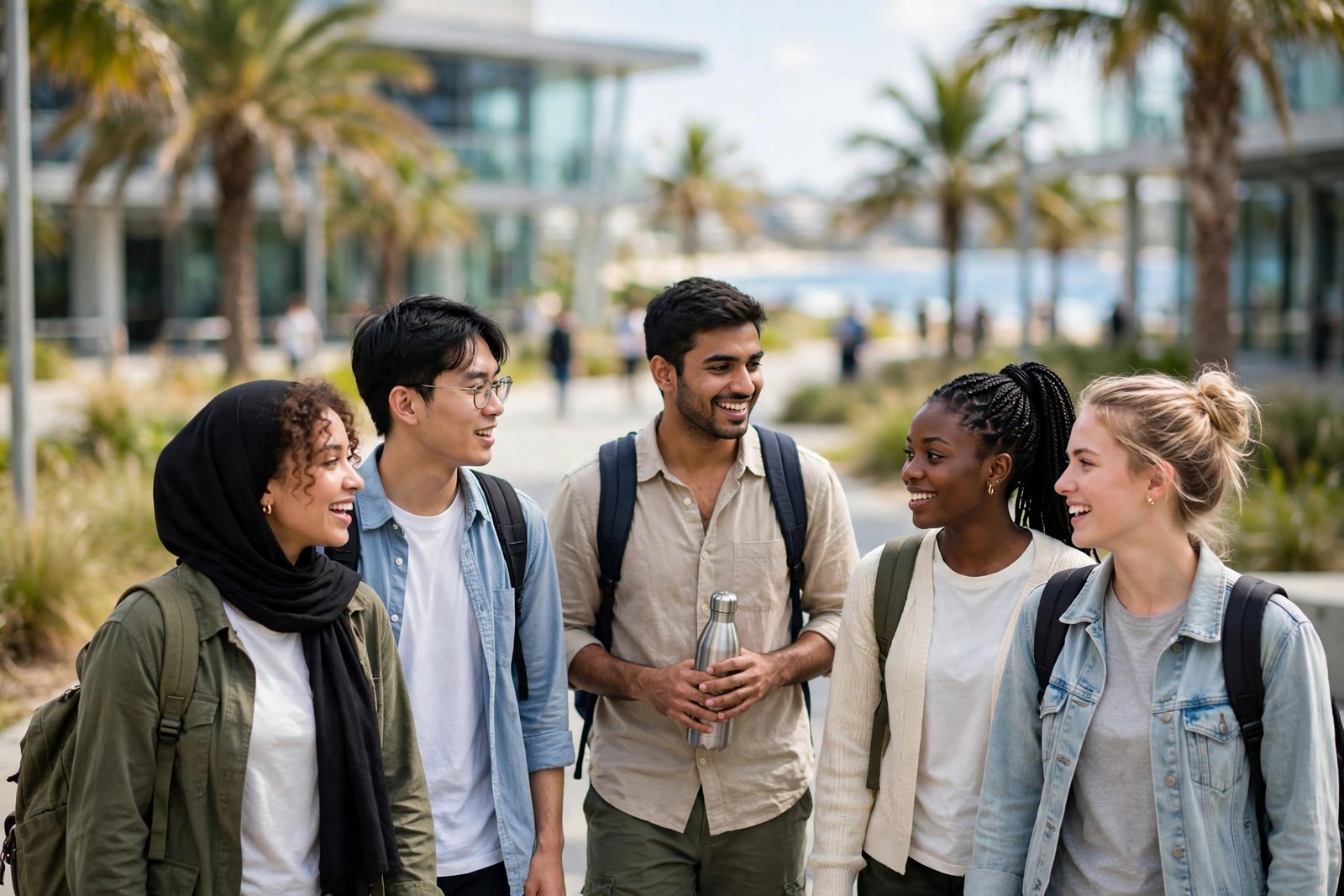 International students walking on a sunny Gold Coast university campus in Queensland
