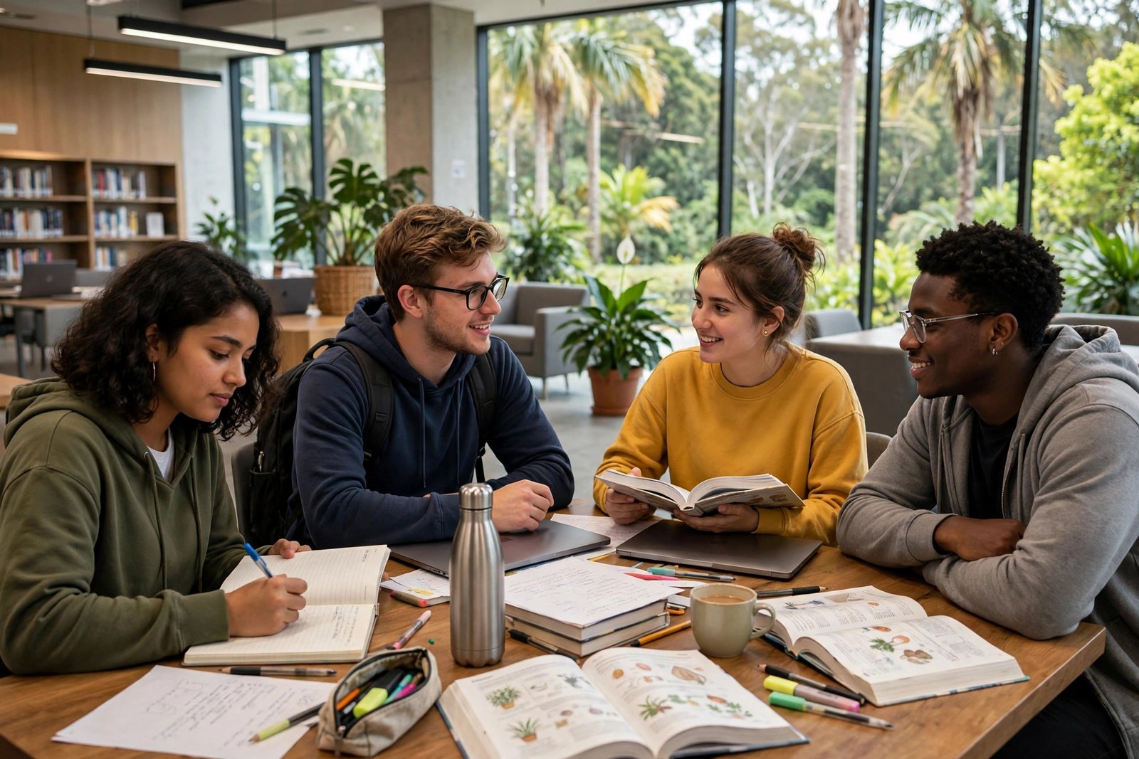 Students studying together in a modern university library in Brisbane, Australia
