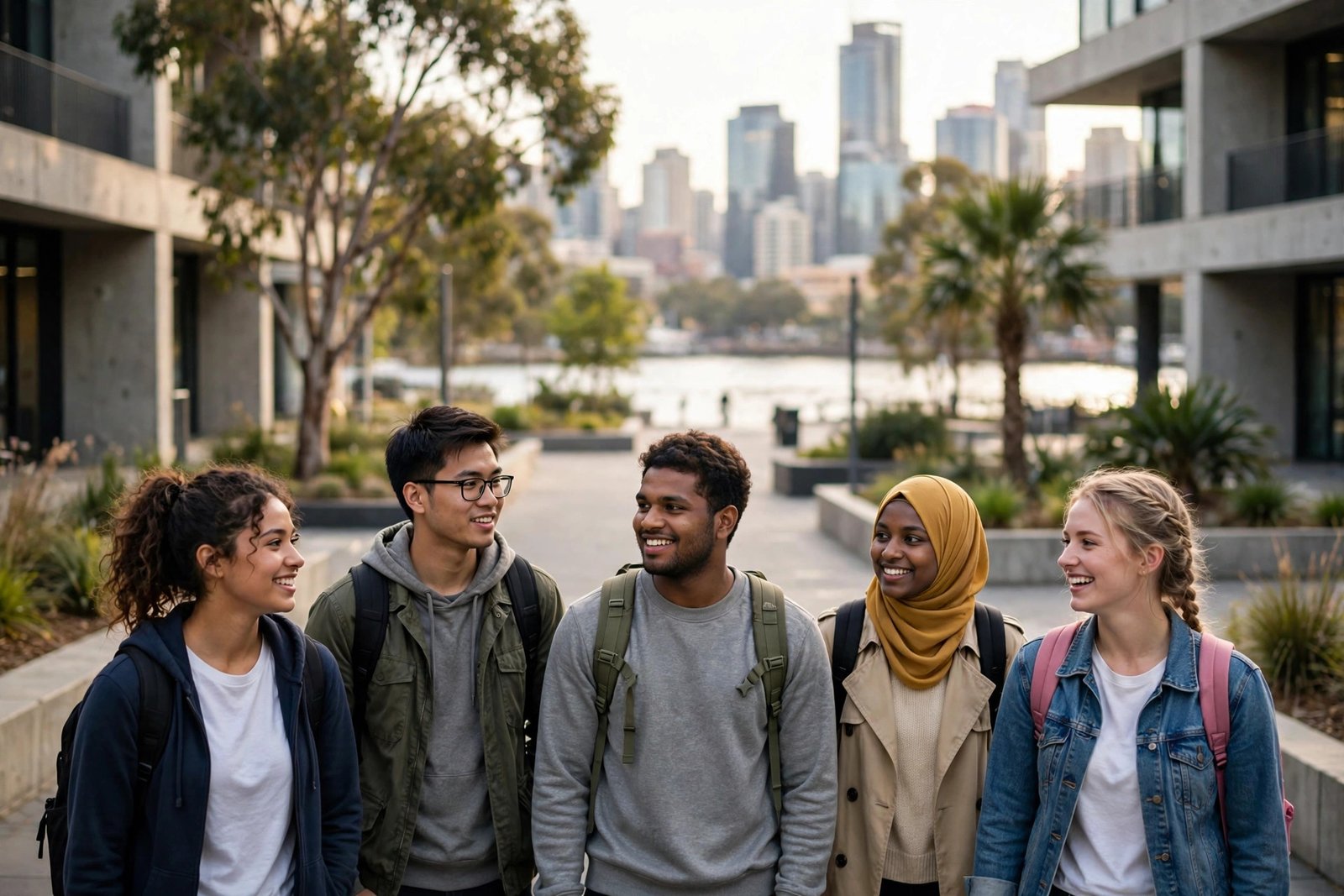 International students on a modern city university campus in Brisbane, Queensland