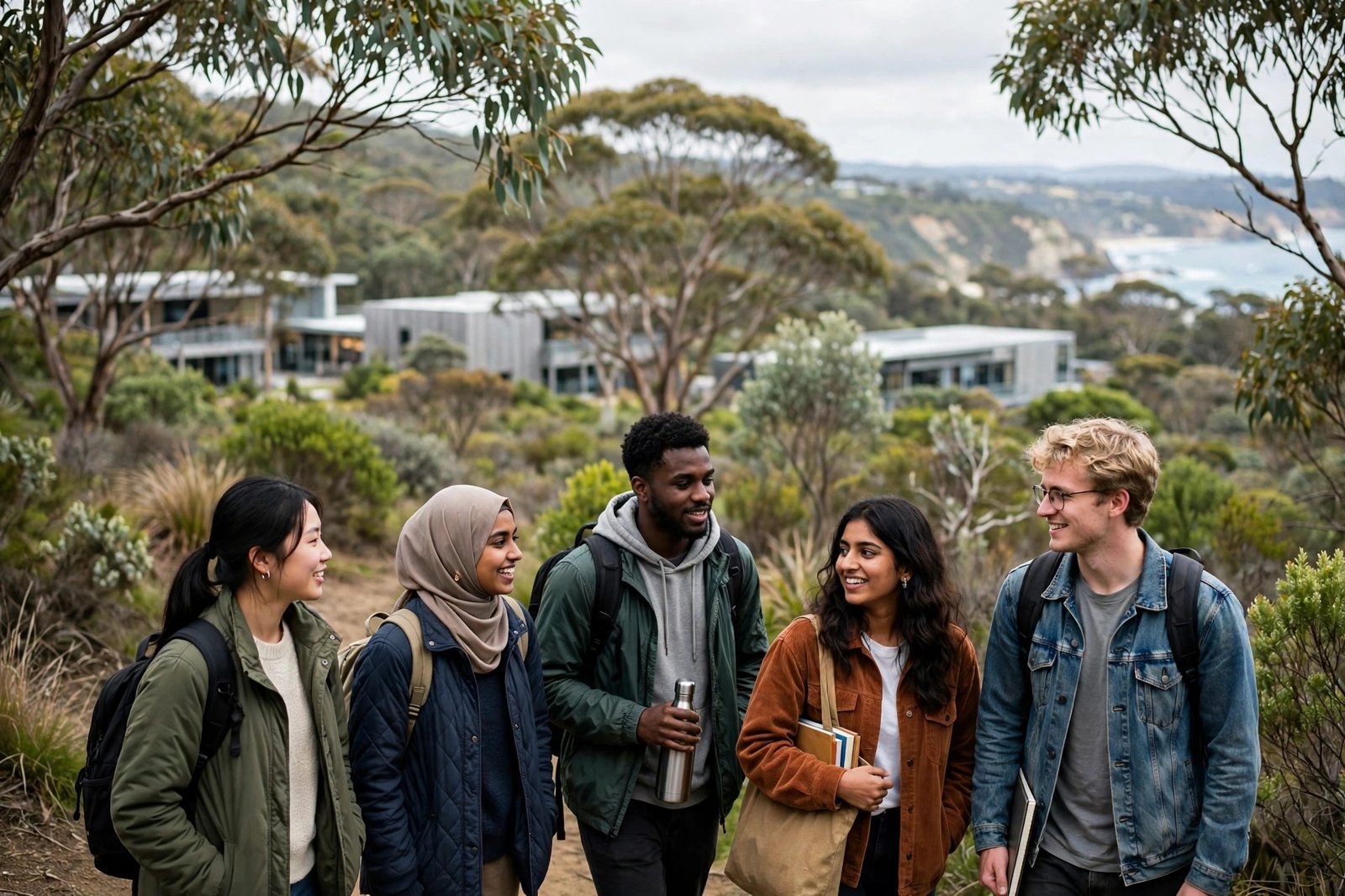 International students walking on a green coastal university campus in Newcastle, New South Wales