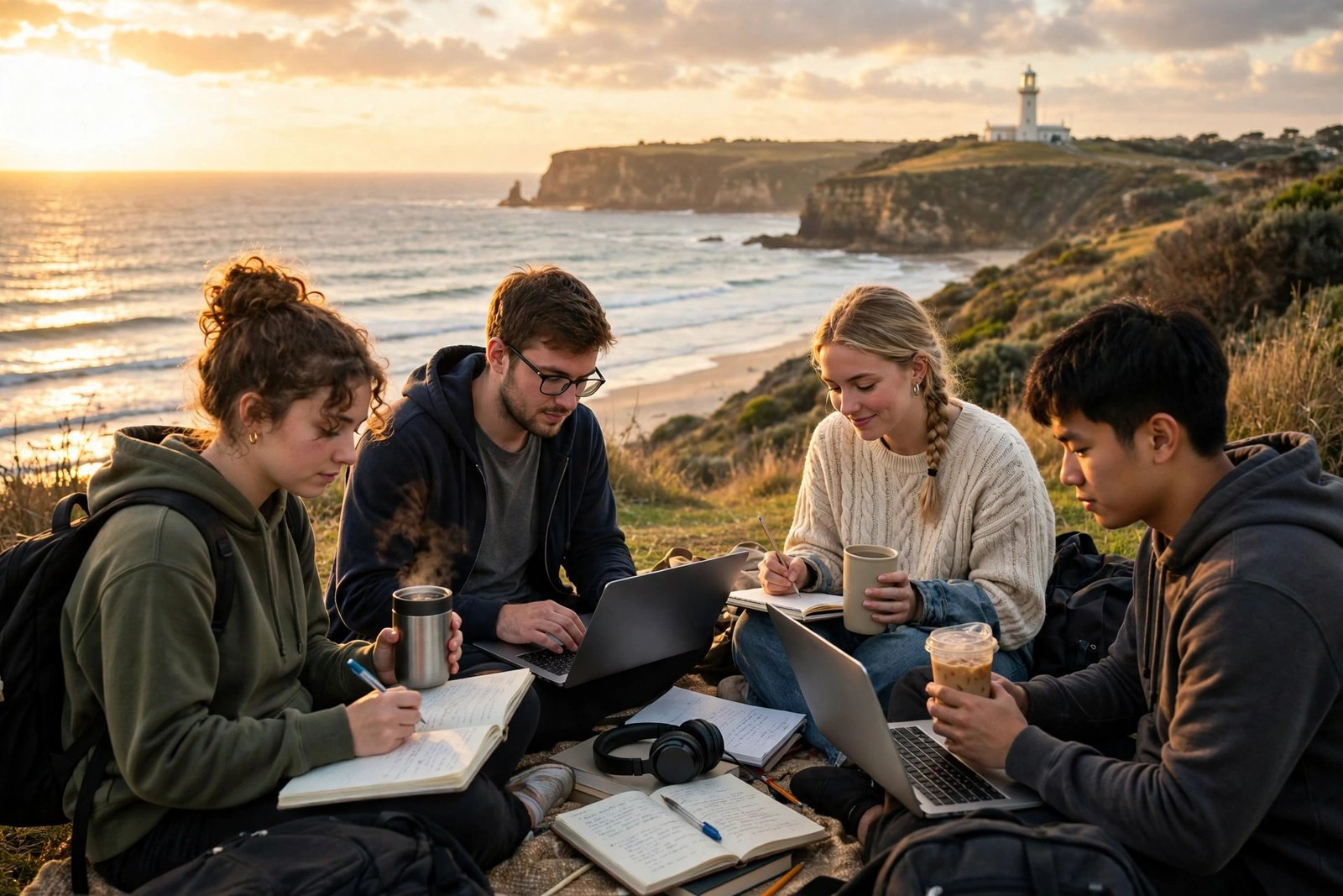 University students studying near the coast in Newcastle, New South Wales, Australia