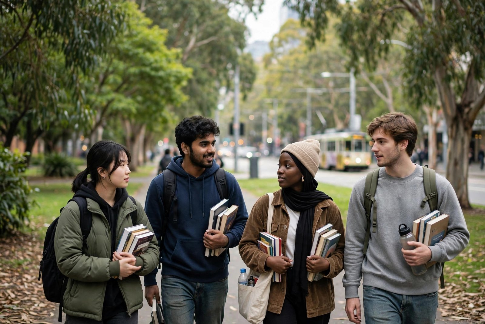 International students on a leafy green university campus in Melbourne, Australia