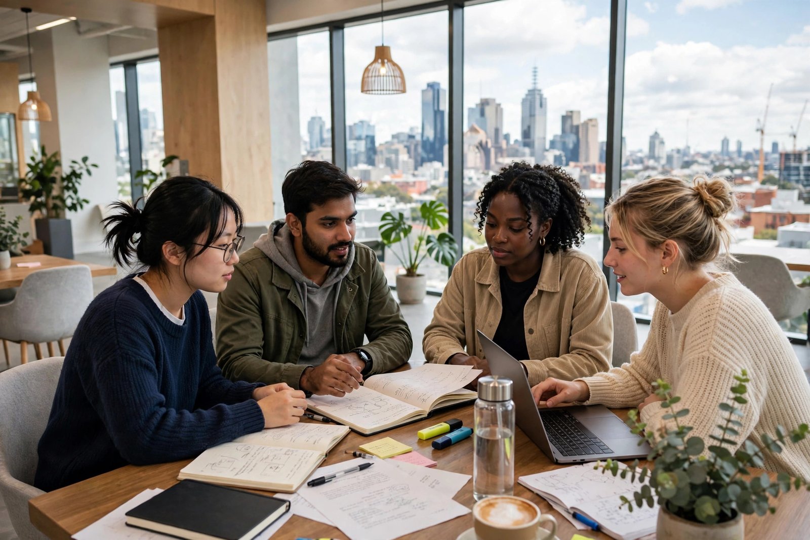 Postgraduate students collaborating in a bright modern study space in Melbourne