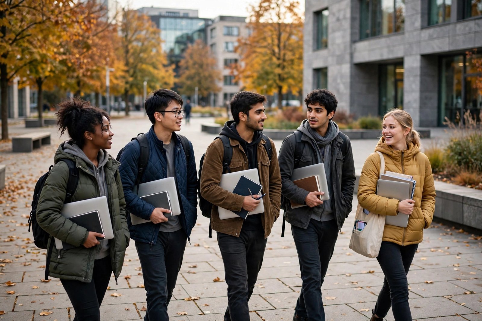 International engineering students on a modern technical university campus in Munich, Germany