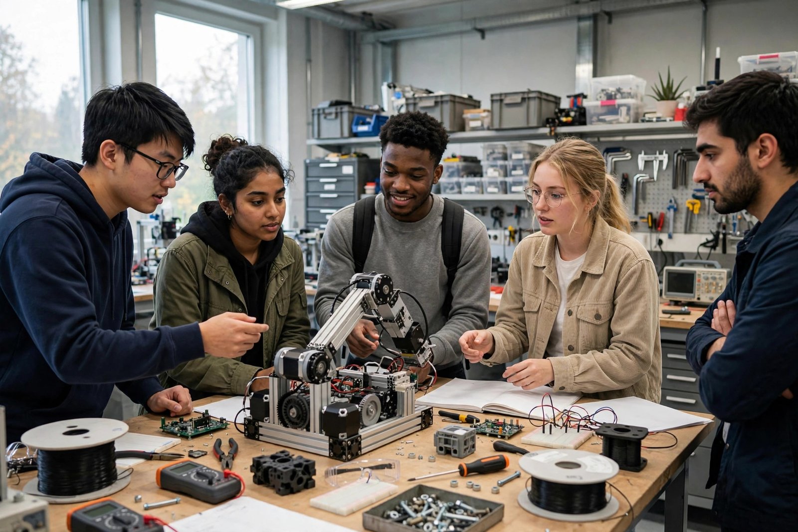 Graduate engineering students working on a robotics project in a university laboratory in Munich