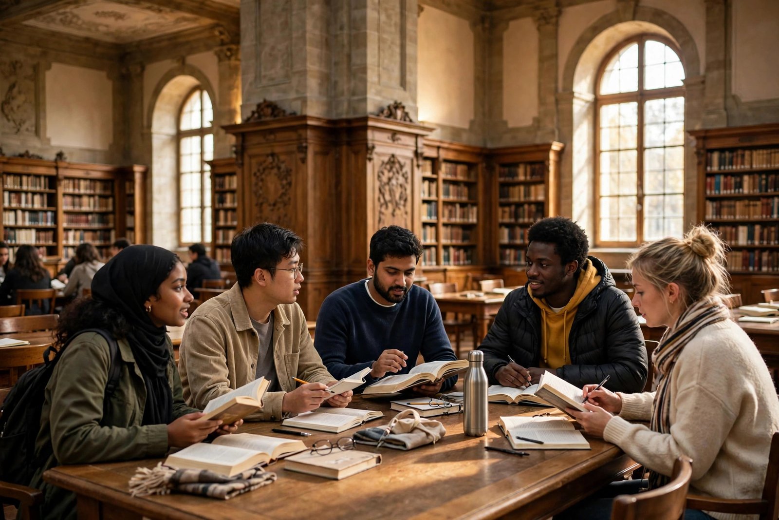 International students reading in a historic university library in Munich, Germany