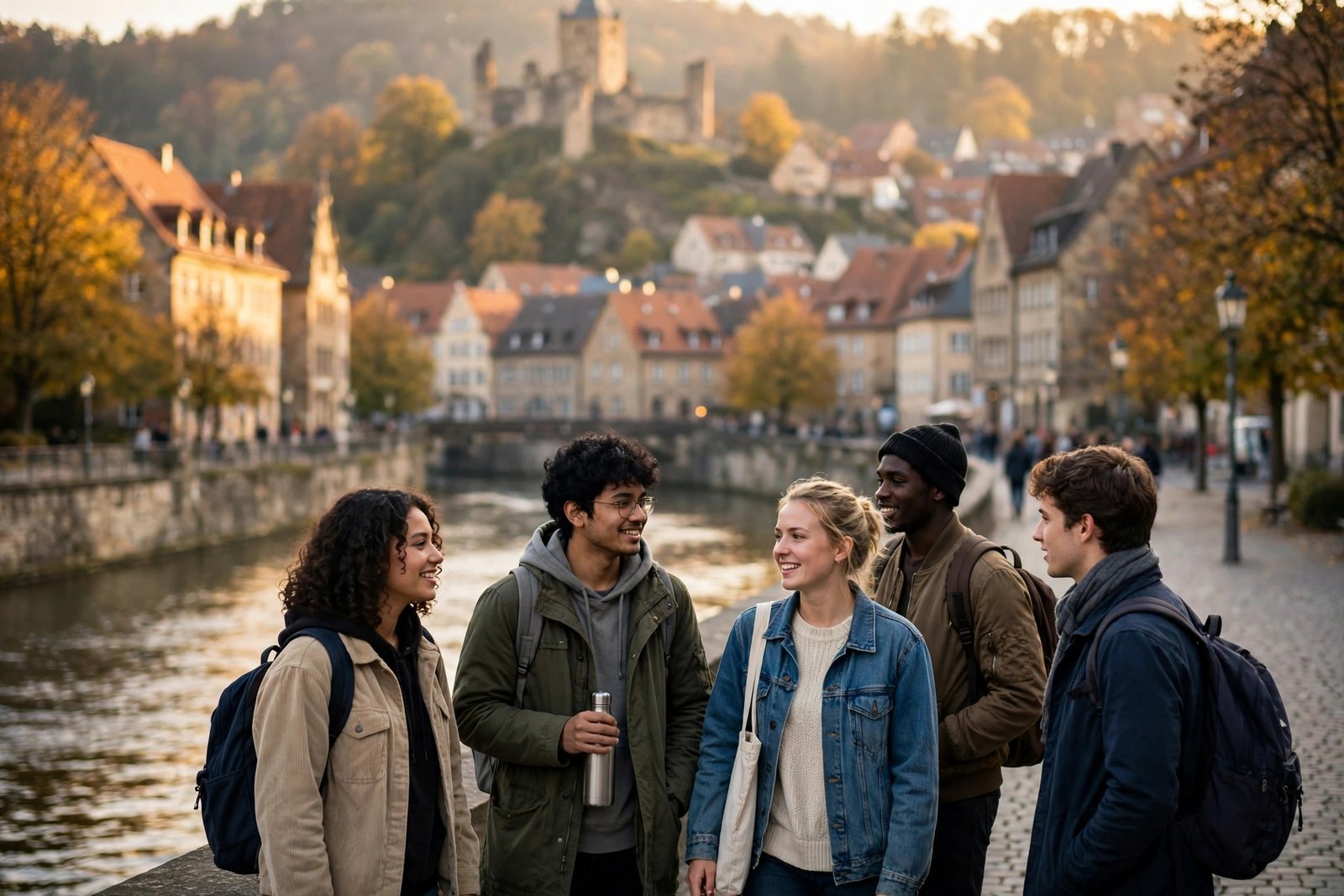 International students walking along a river in the historic university town of Heidelberg, Germany