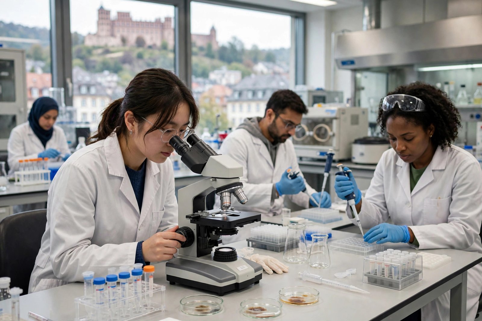 Doctoral medical researcher working with a microscope in a life sciences laboratory in Heidelberg