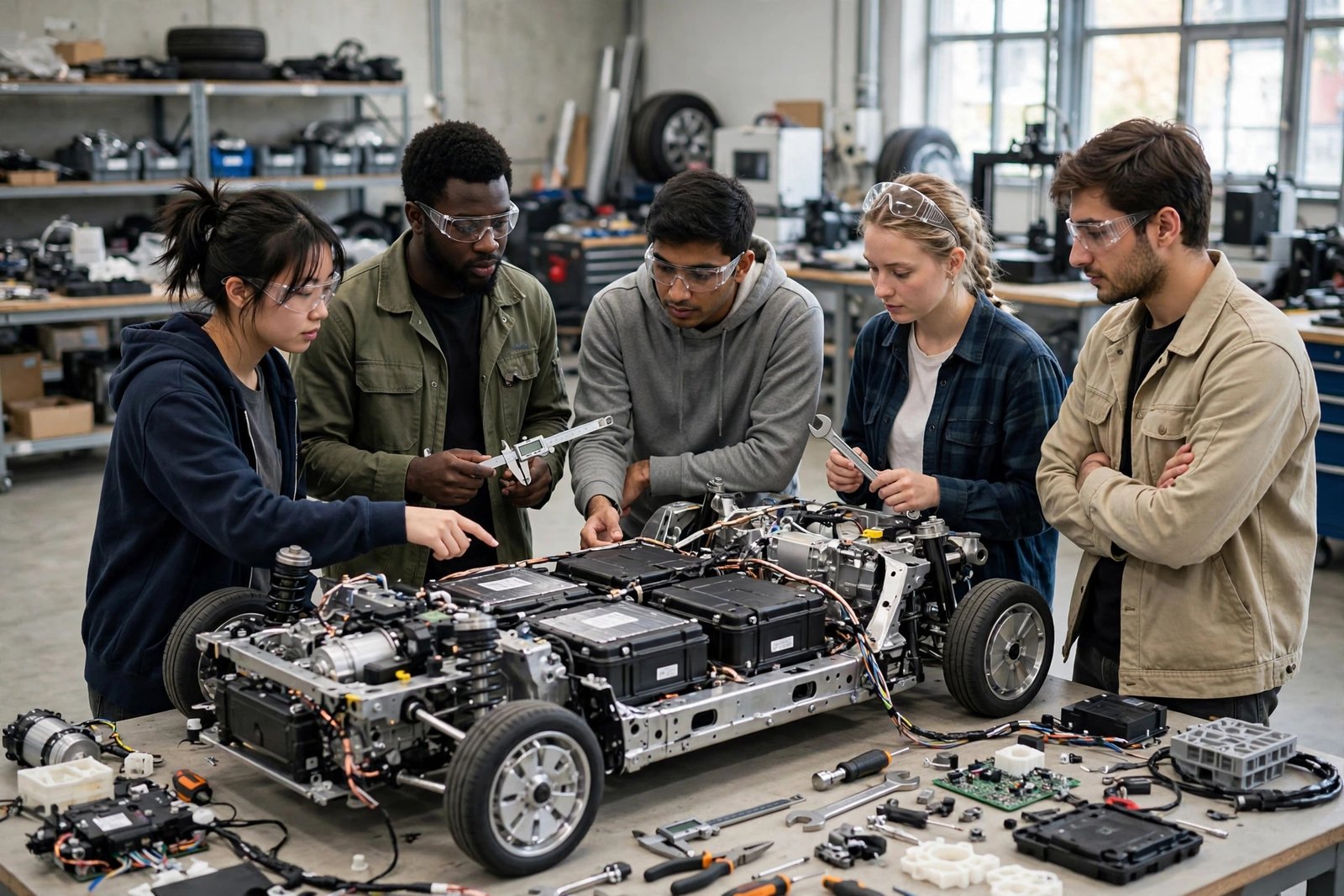 International engineering students working on an electric vehicle prototype at a university in Aachen, Germany