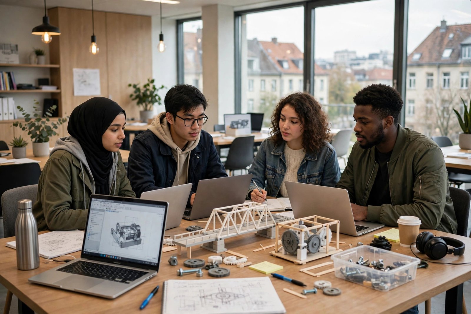 International students studying together in a modern university learning centre in Aachen, Germany