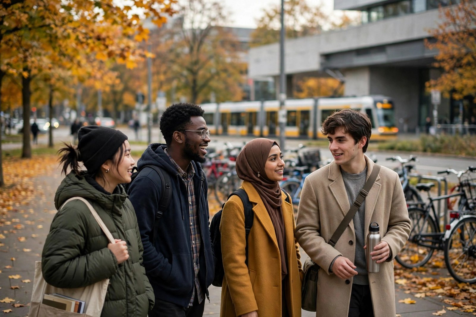 International students walking outside a technical university campus in Berlin while researching TU Berlin scholarships