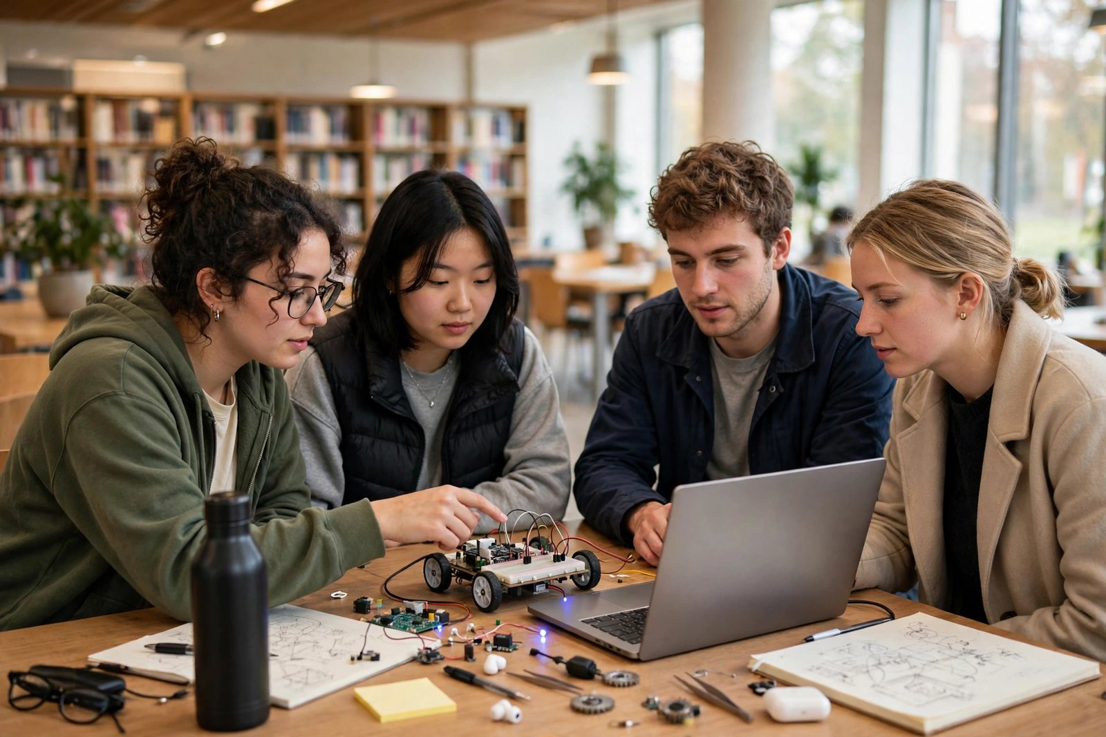 Engineering students collaborating in a university library while preparing a TU Berlin scholarship application