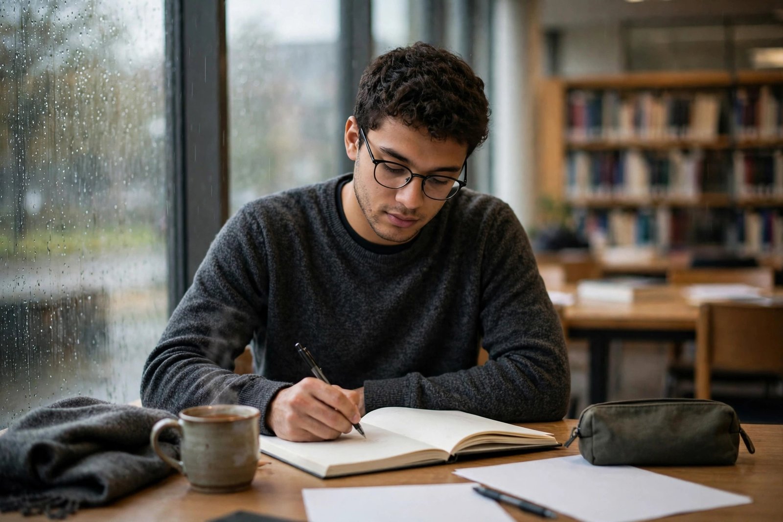 Graduate student writing thesis notes in a Hamburg university library while applying for a degree completion grant