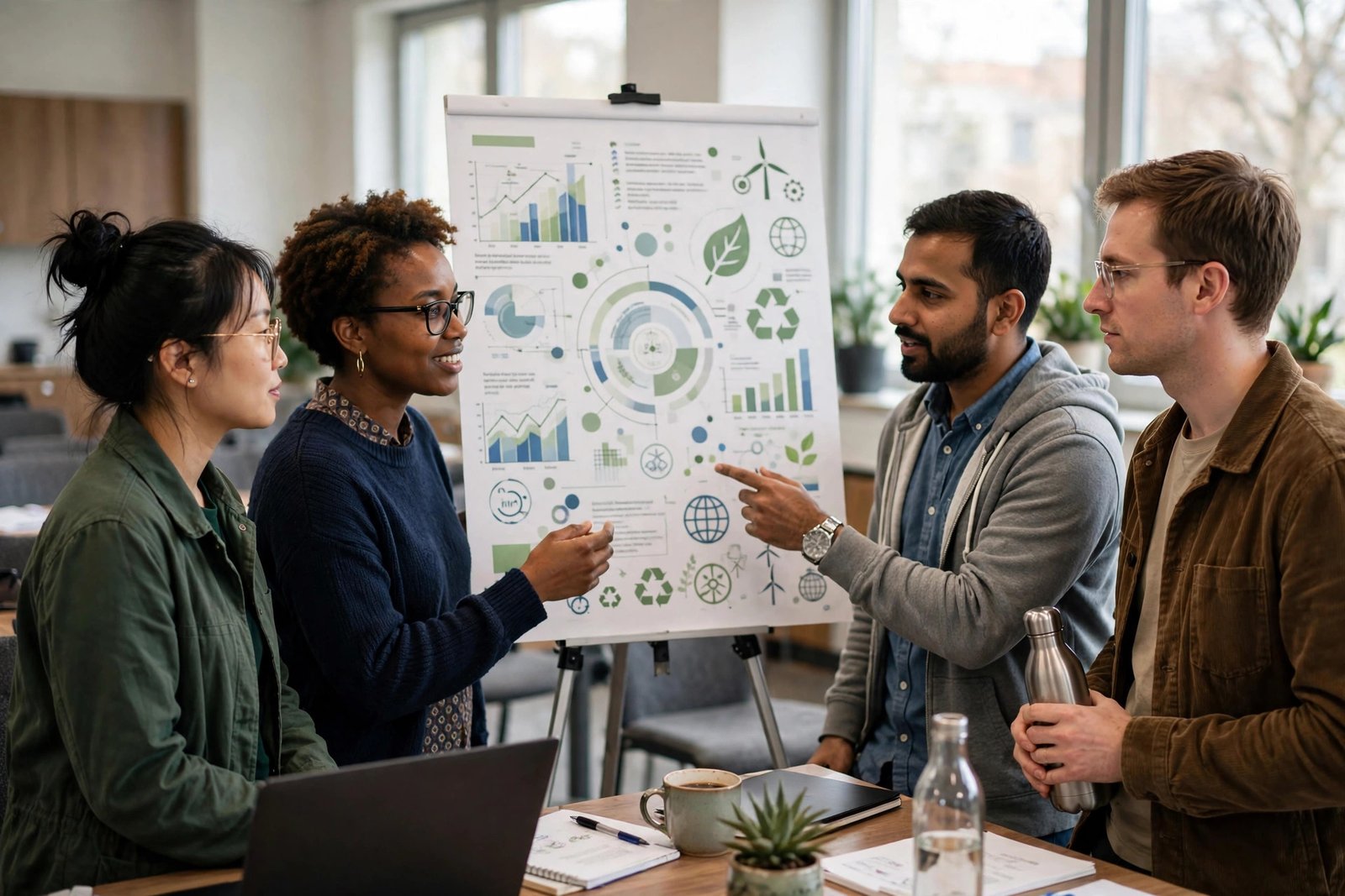 Doctoral researchers presenting a sustainability project in a German university seminar room for a Bonn fellowship application