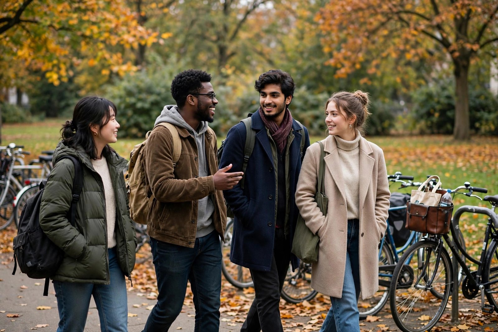 International students walking across a leafy university campus in Berlin while considering FU Berlin scholarships